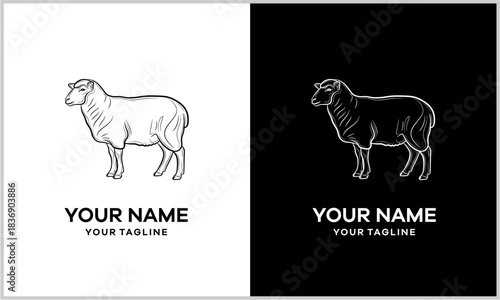 Minimalist line art illustration of a standing sheep presented in both black on white and white on black versions, suitable for a logo design.