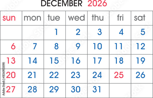 December 2026 Calendar Grid With Days Of The Week And Numbers planner