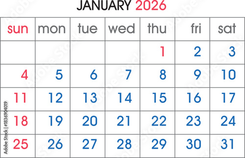 January 2026 Calendar Grid With Days Of The Week And Numbers planner