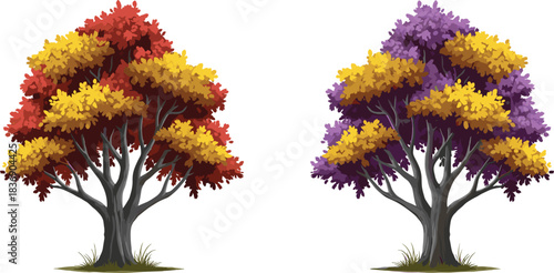 Beautiful Set of Autumn Season Trees Vector Illustration with Yellow, Red, and Purple Foliage for Fall Landscape Design and Nature Graphics