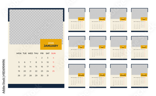 2028 Desk Calendar Template with Photo Space Portrait Format. Week Starts on Monday
