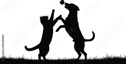 Cute dog and playful cat standing on hind legs together, reaching for a small ball in nature, silhouette vector illustration on grass background.