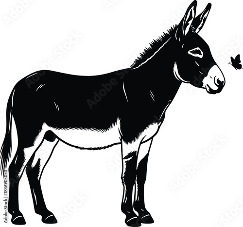 Detailed donkey side view silhouette vector illustration with small butterfly, symbolizing farm animals, rural life, gentle nature, or a whimsical graphic design element with depth.