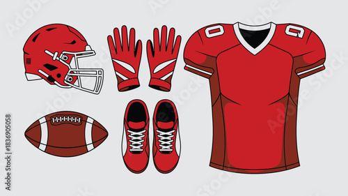 Red American Football Gear Helmet, Jersey, Ball, Gloves, and Shoes Isolated on Gray Backdrop