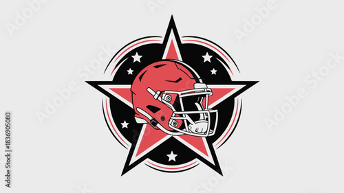 Red Football Helmet Centered on Black Circle with Red Star and White Stars Background