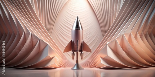 Fototapeta Naklejka Na Ścianę i Meble -  A poised metallic rocket ship stands ready for launch amidst a breathtaking abstract landscape of elegantly folded, pale rose-hued structures.