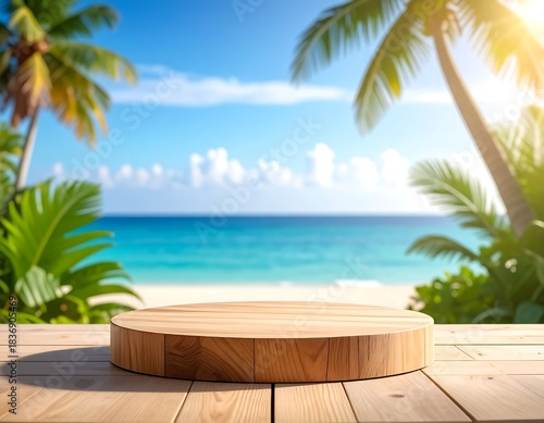 Fototapeta Naklejka Na Ścianę i Meble -  Sunny beach scene with a wooden platform; palm trees, ocean