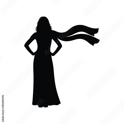 Strong Woman Silhouette Vector with Long Scarf, Female Power, Confidence, Hero, Freedom Concept