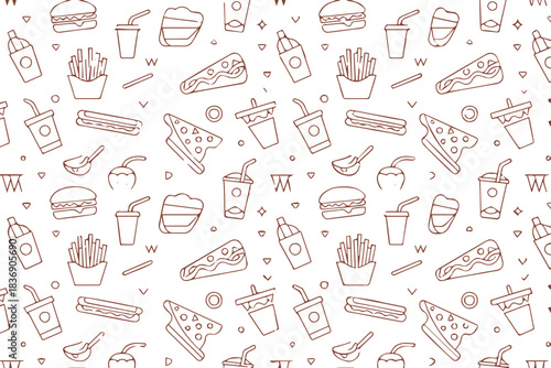 food seamless pattern fast food line art pizza burger fries