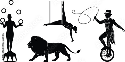 Circus Acts Vector Silhouettes: Juggler, Aerialist, Lion, and Ringmaster on Unicycle Performing Classic Entertainment Show.