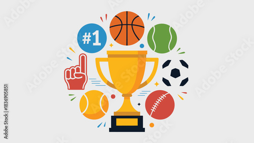 Sports Balls, Trophy, Number One Symbol, and Foam Finger Illustration on Light Background