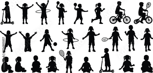 Kids Cycling, Running, Hula Hooping, Playing Ball, and Sitting Poses for Childhood and Sport Design