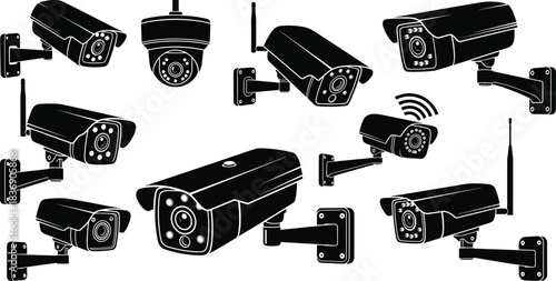 Large collection of modern surveillance cameras including bullet, dome, and wireless types for security, protection, and monitoring systems vector set.