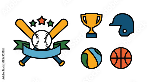 Sports equipment and trophy with baseball bat, balls, helmet icons isolated on white background