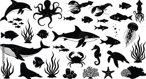 Large Collection of Sea Life Silhouettes Including Shark, Whale, Dolphin, Octopus, and Fish, Marine Animal Vector Set.