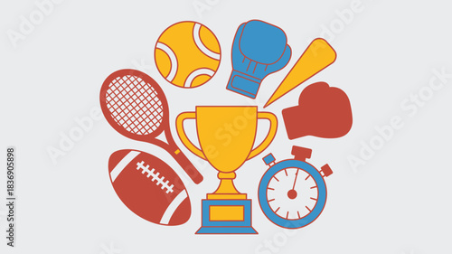 Sports Equipment Illustration Featuring Trophy, Boxing Gloves, Football, Stopwatch, Tennis Racket and Ball