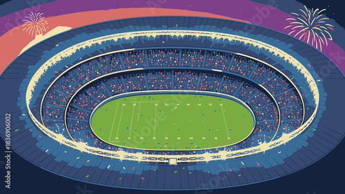 Stylized Football Stadium Illustration with Fireworks, Packed with Cheering Fans, Celebrating Super Bowl Sunday