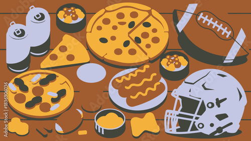 Stylized Super Bowl Sunday Illustration Featuring Pizza, Football, Helmet, and Assorted Snack Foods on Table