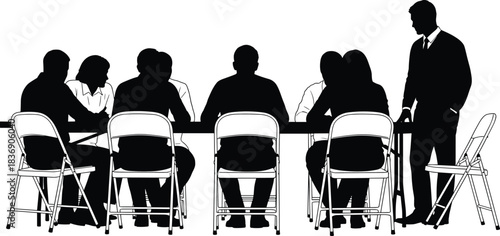 Business meeting silhouette icon, group discussion vector, leadership presentation illustration, teamwork collaboration design, cad drawing flat vector illustration