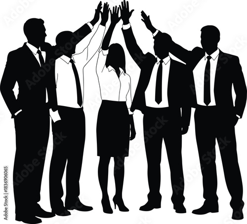 Business team high-five silhouette icon, corporate success vector, teamwork celebration illustration, cad drawing flat vector illustration