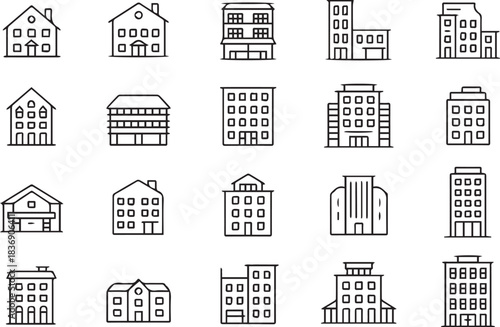 building icon set line icons of houses apartments and offices