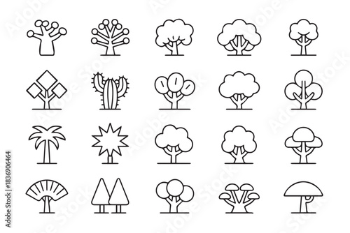 tree icons line art botanical silhouettes vector illustrations