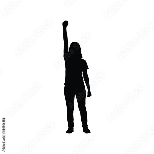 Female activist silhouette with raised fist, woman power protest symbol vector illustration