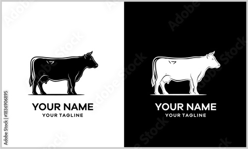 Black and white cow and calf silhouette farm animal illustration
