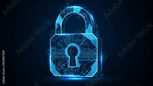 Padlock icon. Glowing blue lock symbol. Cyber security concept. Digital illustration. Technology background. Secure access sign. Electronic keyhole. Dark background. Vector graphic.