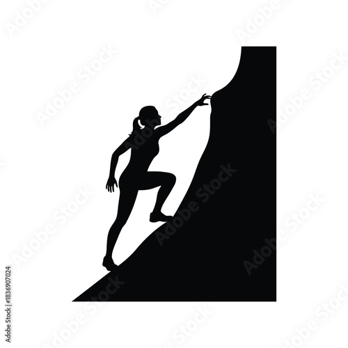 Woman rock climbing silhouette, female athlete ascent mountain, challenge success vector