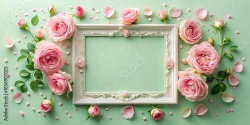 Ornate frame surrounded by delicate pink roses and petals on a pastel background