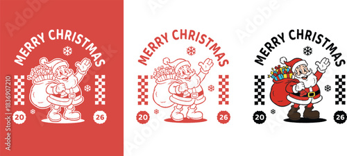 Vintage cartoon Santa Claus carrying a big sack of gifts and waving hand