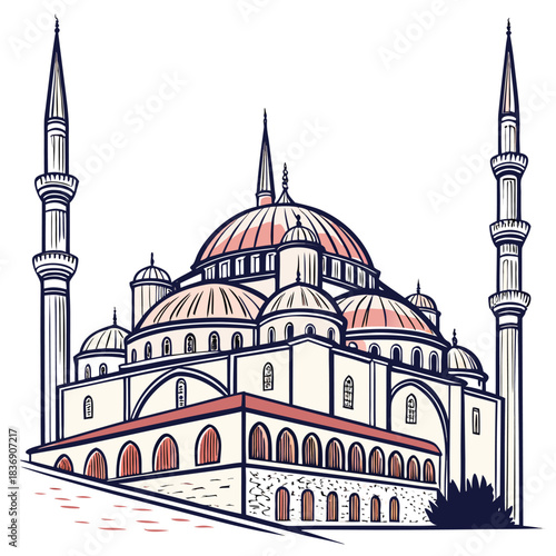 Majestic Mosque Illustration: An artistic depiction of an awe-inspiring mosque, showcasing its architectural grandeur with elegant minarets, domes, and intricate design elements.