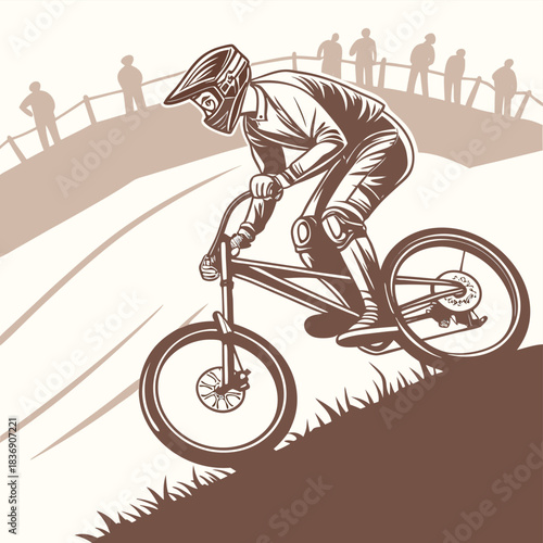 Downhill Mountain Biking Adventure: A skilled cyclist expertly navigates a steep, rugged downhill course. The rider, focused and determined.