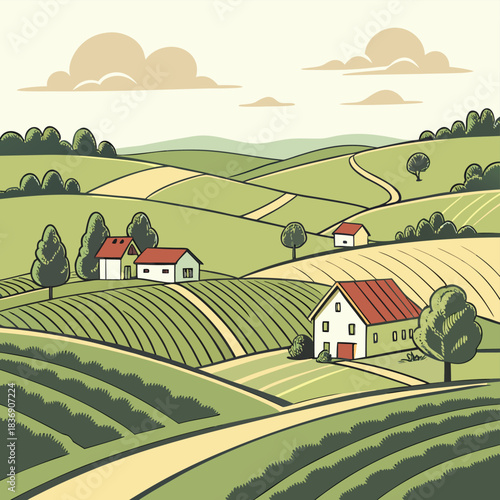 Countryside Illustration: A peaceful, vibrant countryside scene unfolds, showcasing rolling hills, picturesque houses, and lush, cultivated fields under a soft, cloudy sky. 