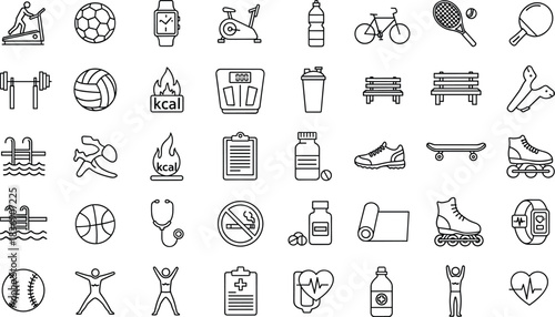Fitness and sports icons showing exercise equipment, healthy lifestyle elements, calorie tracking, outdoor activities, wellness habits, athletic training, and overall physical health concepts.