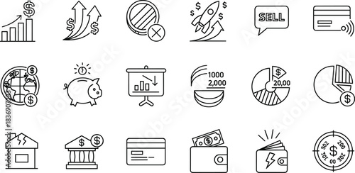 Financial growth icons illustrating investment trends, global economy, savings management, credit cards, pie charts, digital payments, budgeting tools, and modern money-related concepts