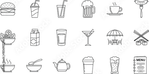 Food and beverage icons illustrating drinks, meals, restaurant elements, outdoor dining, coffee, cocktails, sushi, and menu graphics for culinary design projects.
