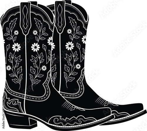 Cowboy boots silhouette icon, floral embroidery vector, western fashion footwear design, black boot illustration, cad drawing flat vector illustration