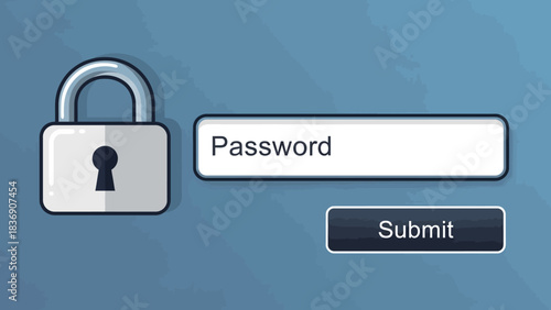 Padlock icon. Password input field. Submit button. Login interface element. Vector illustration. Security symbol. Lock icon. Password prompt. Authentication element. Blue background.