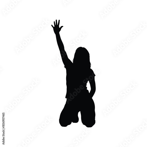 Woman silhouette kneeling hand raised, asking question, worship, begging, reaching, success concept vector