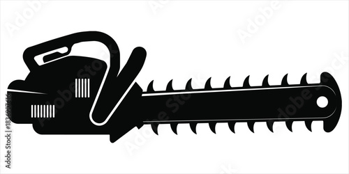 Black Silhouette of a Chainsaw on a White Background Keywords: chainsaw, tool, power tool, cutting, wood, logging, forest