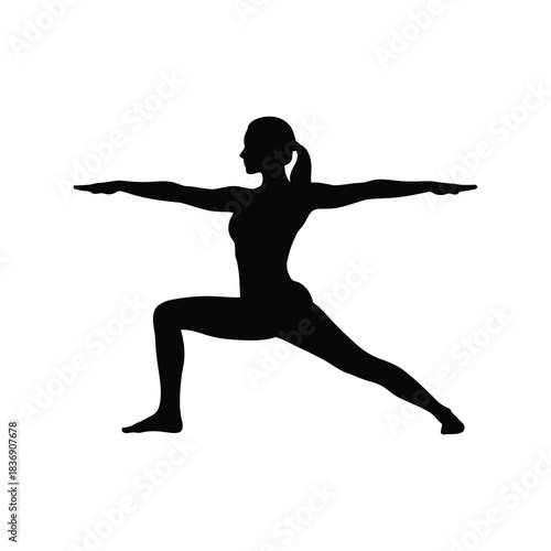 Warrior II yoga pose silhouette, woman practicing asana, fitness exercise, health wellness vector