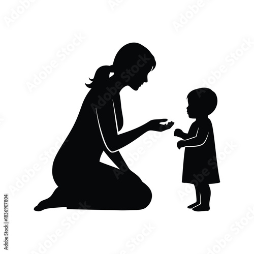 Mother kneeling talking to toddler silhouette, family bond, parenting, childhood vector