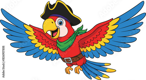 Colorful pirate parrot cartoon character flying with wide open wings, vibrant feathers and cheerful expression in adventurous tropical vector illustration design