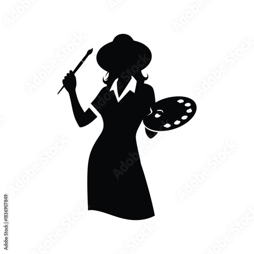 Woman artist silhouette holding palette and paintbrush, creative painter vector graphic