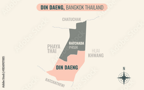 Map showing Din Daeng District Bangkok Thailand divided into sub-districts with minimalist colorful patterns