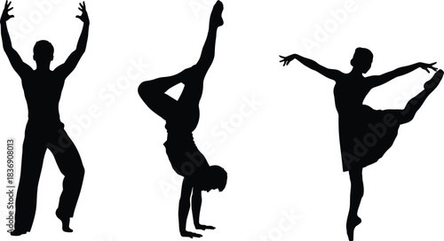 Dancer silhouette icon set, expressive movement vector, ballet and acrobatic pose illustration, cad drawing flat vector illustration