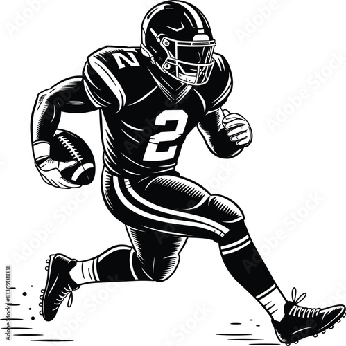 Black Silhouette of an American Football Player Running with Ball Keywords: American football, football player, athlete, sport