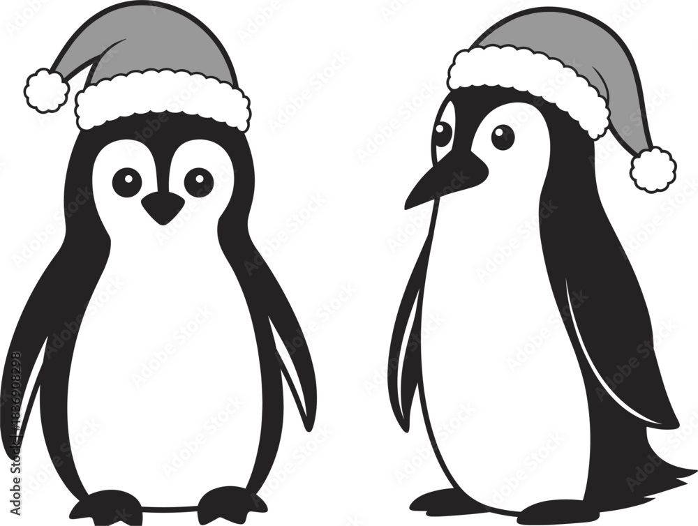 Fototapeta premium Two Cartoon Penguins Wearing Santa Hats on a White Background Keywords: penguin, animal, bird, cartoon, illustration, cute